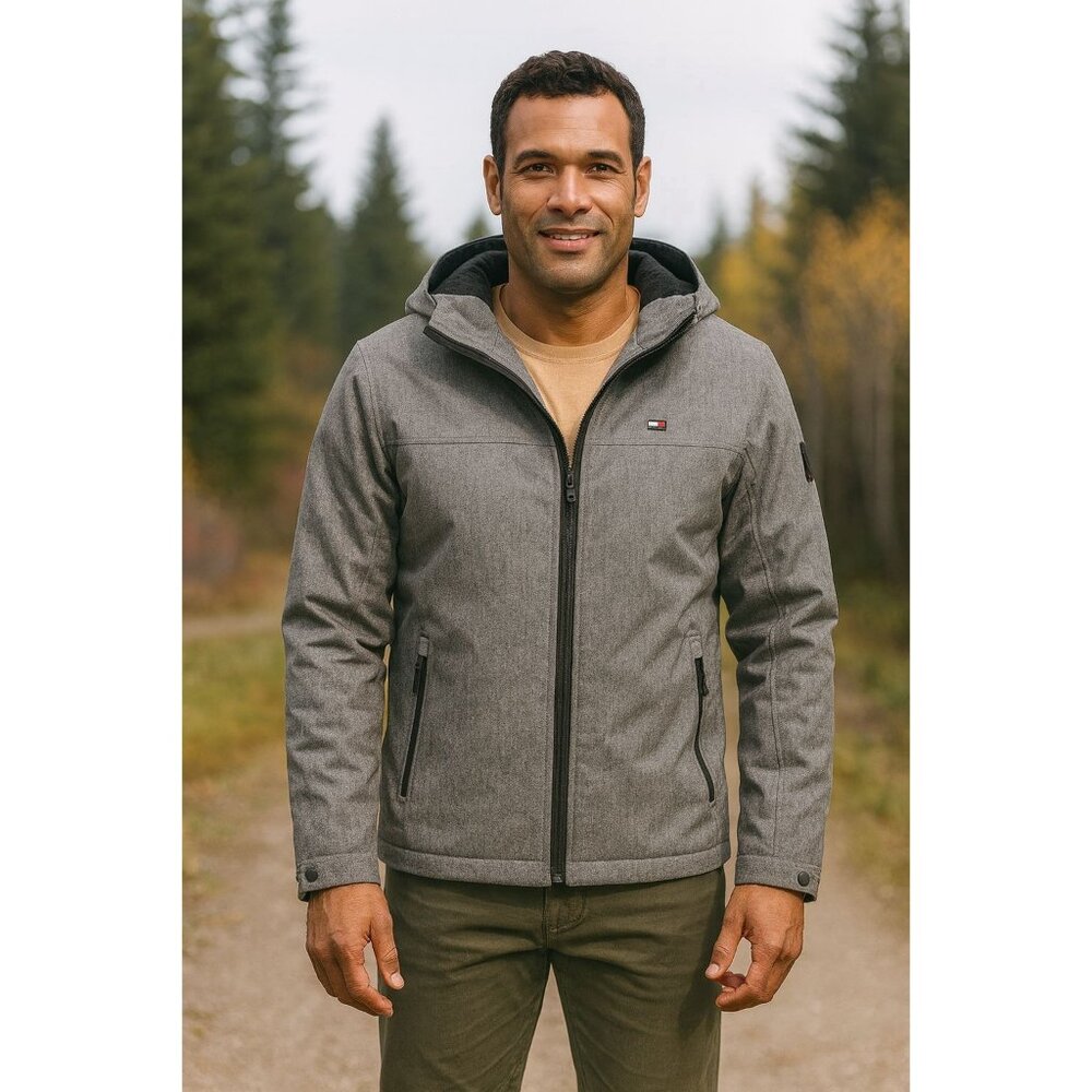 Tommy Hilfiger MENS Hooded Jacket Grey Full Zip Coat Wind Water Resistant Sz LG